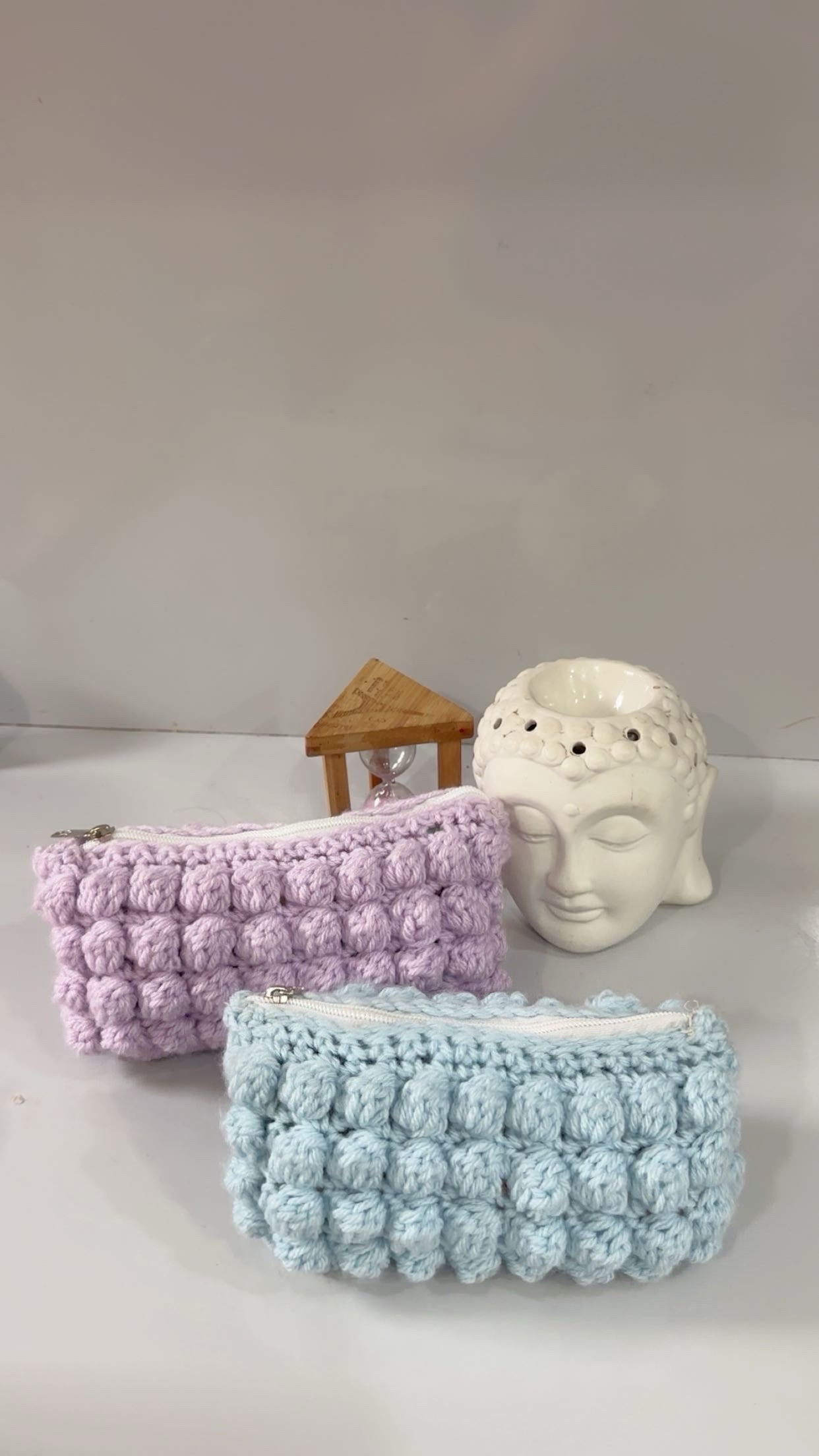 Handmade Crochet Bobble Stitch Zipper Pouch: Pastel Makeup Bag