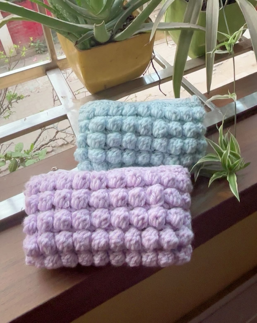 Handmade Crochet Bobble Stitch Zipper Pouch: Pastel Makeup Bag