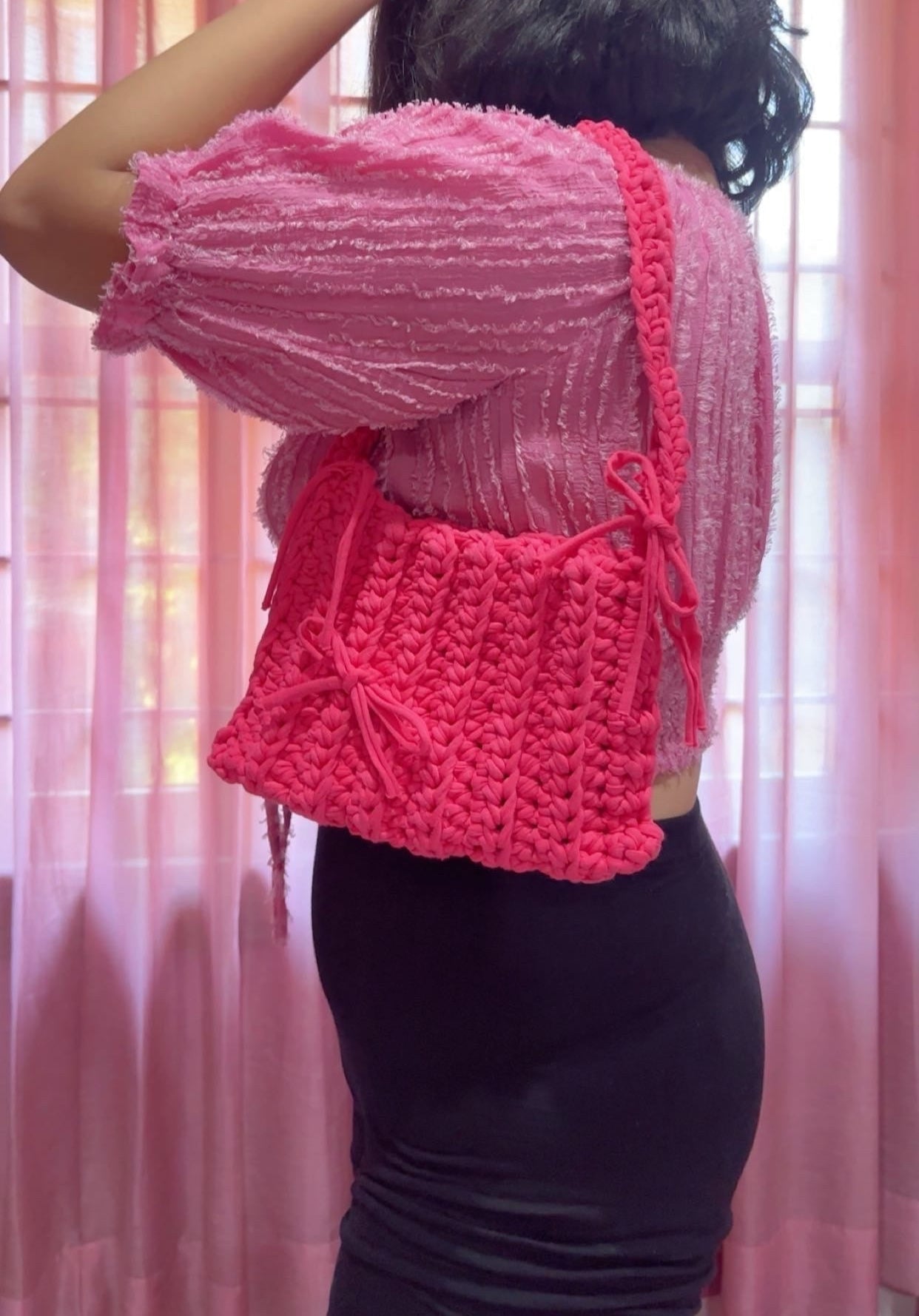 Crochet Hot Pink Tote Bag with Bow: Handmade Cotton Shoulder Bag