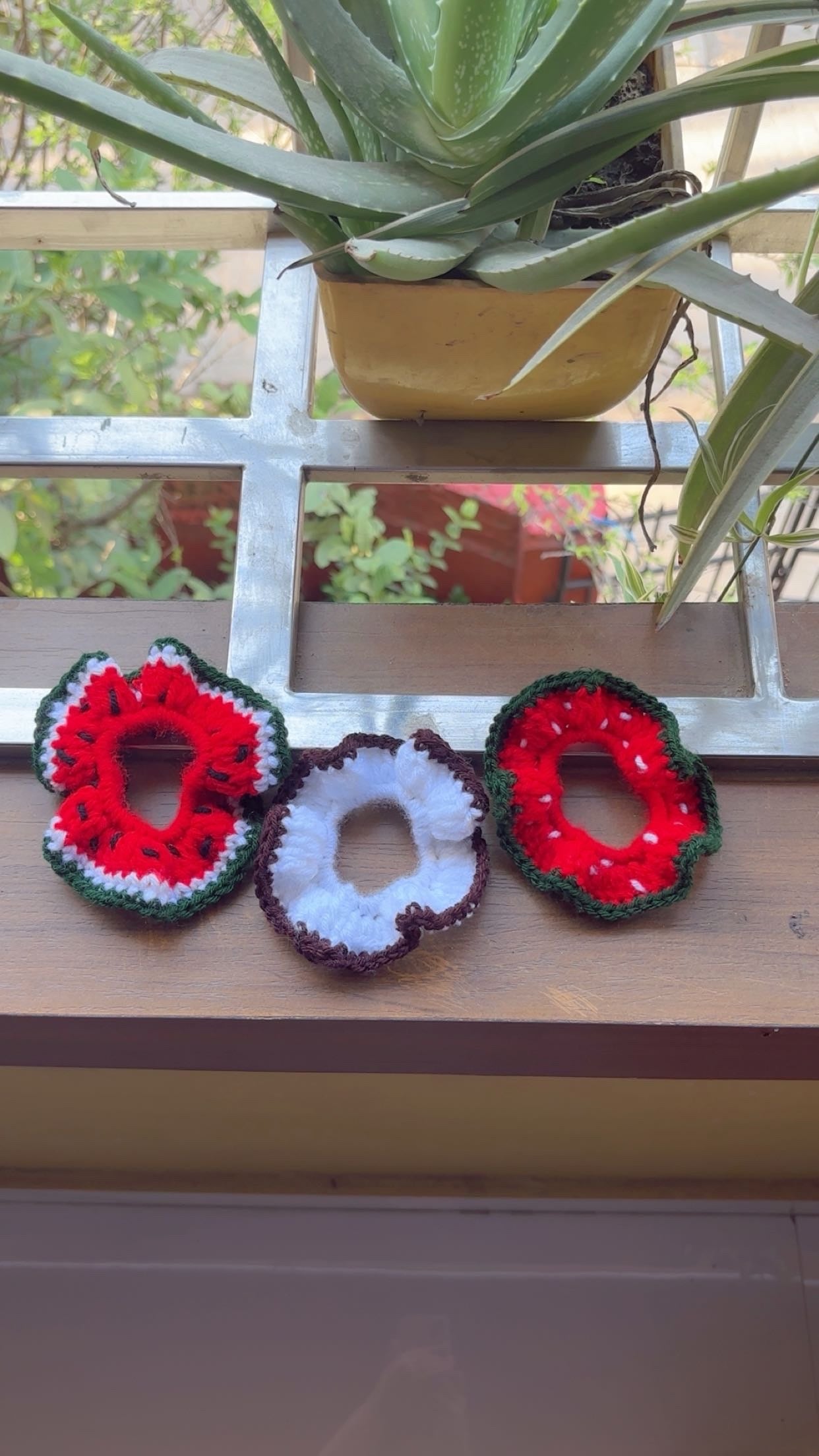Handmade Fruit-Inspired Crochet Scrunchies – Watermelon, Coconut & Strawberry Hair Ties