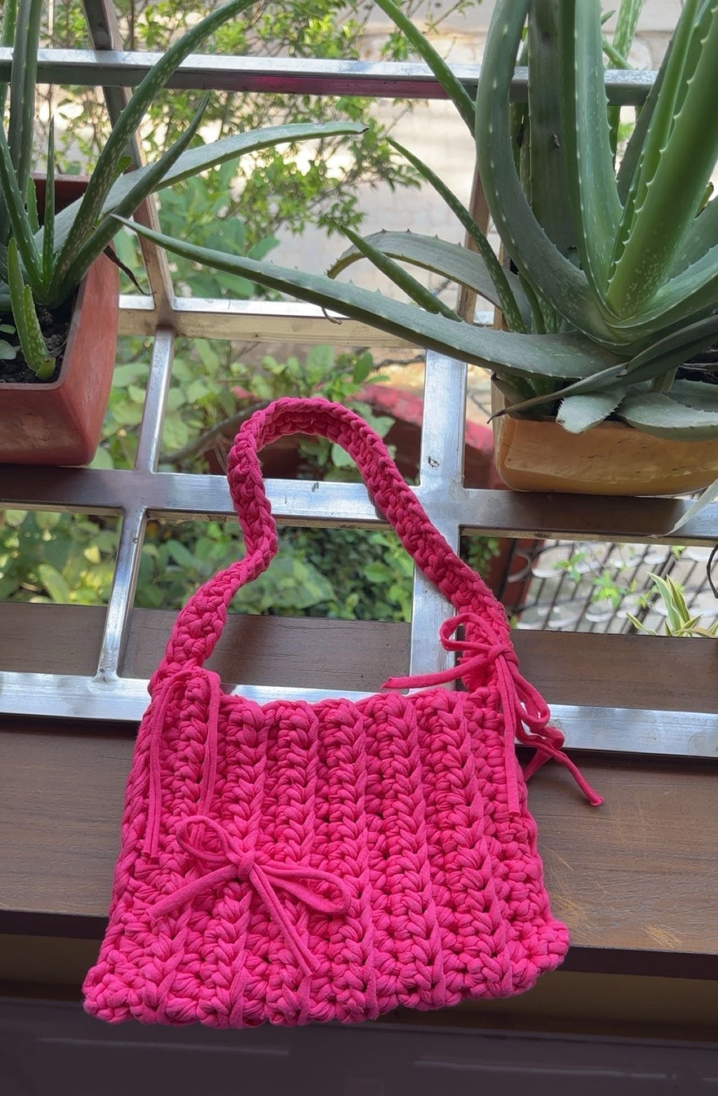 Crochet Hot Pink Tote Bag with Bow: Handmade Cotton Shoulder Bag