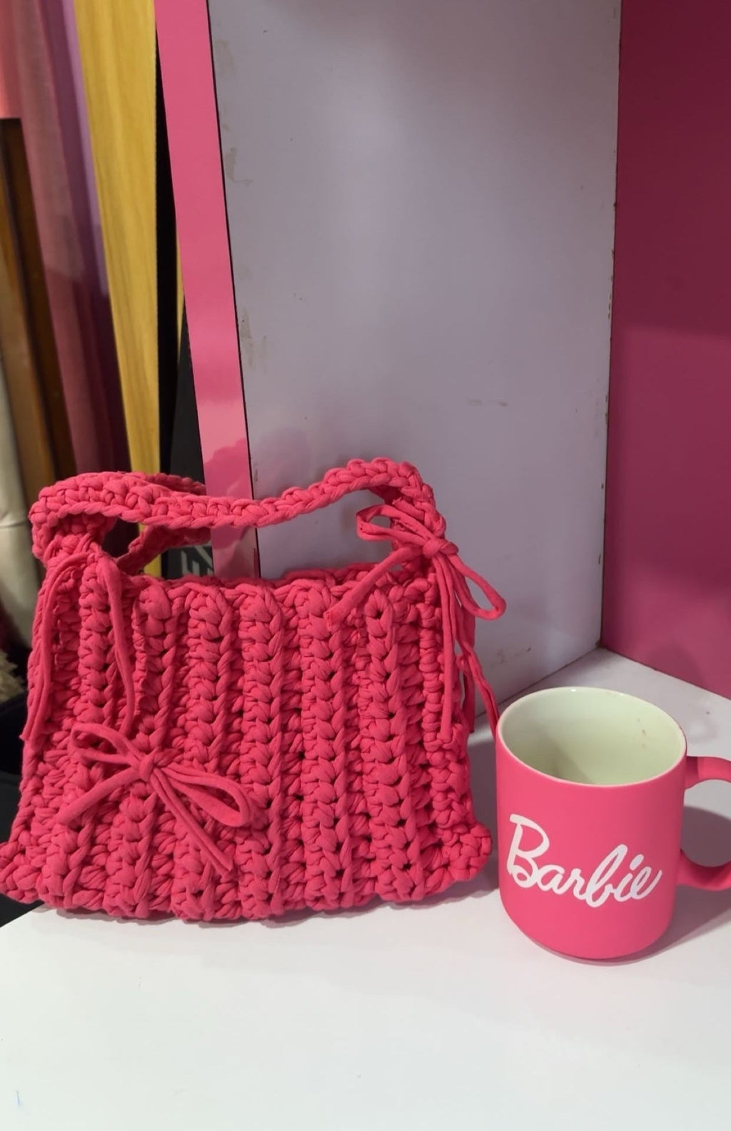 Crochet Hot Pink Tote Bag with Bow: Handmade Cotton Shoulder Bag