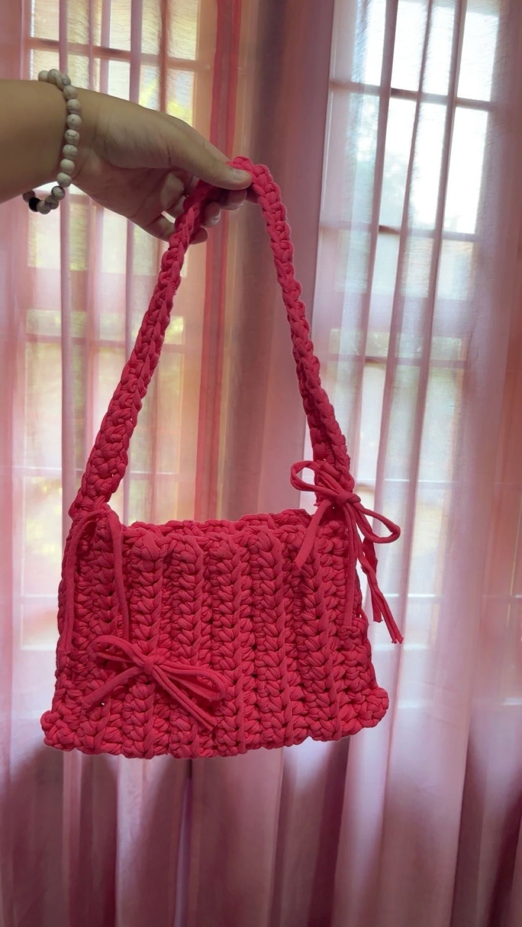 Crochet Hot Pink Tote Bag with Bow: Handmade Cotton Shoulder Bag