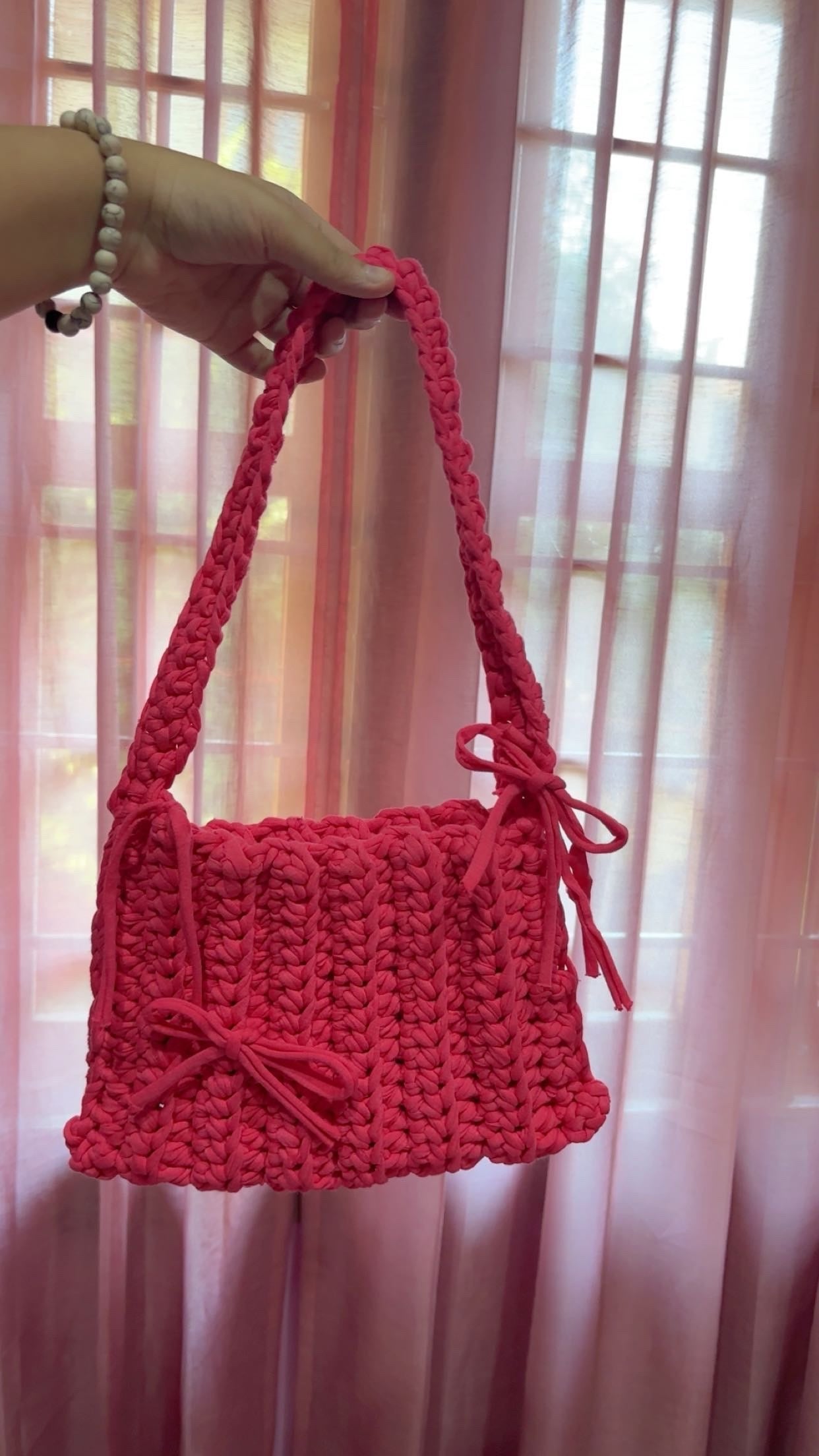 Crochet Hot Pink Tote Bag with Bow: Handmade Cotton Shoulder Bag