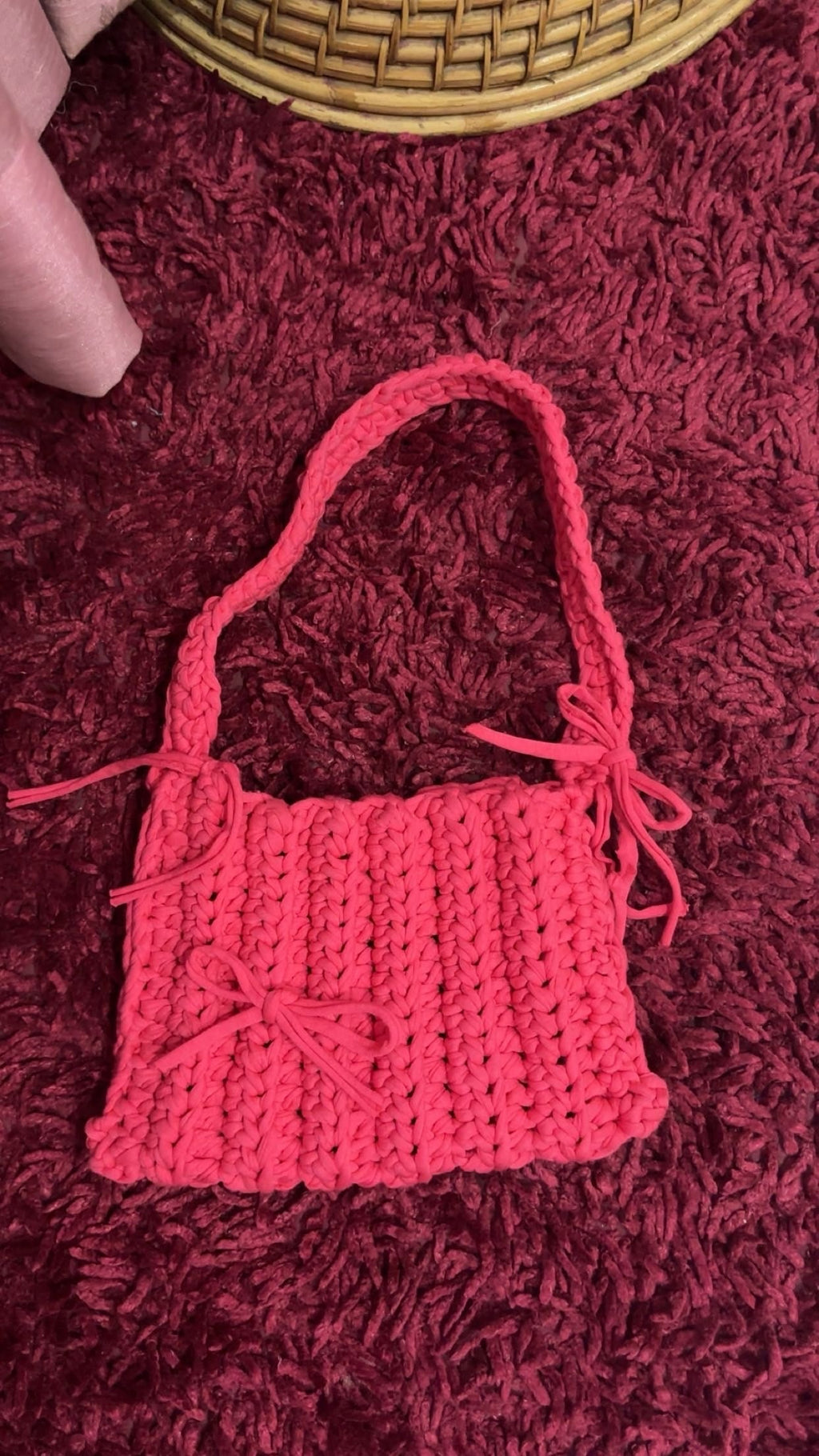 Crochet Hot Pink Tote Bag with Bow: Handmade Cotton Shoulder Bag