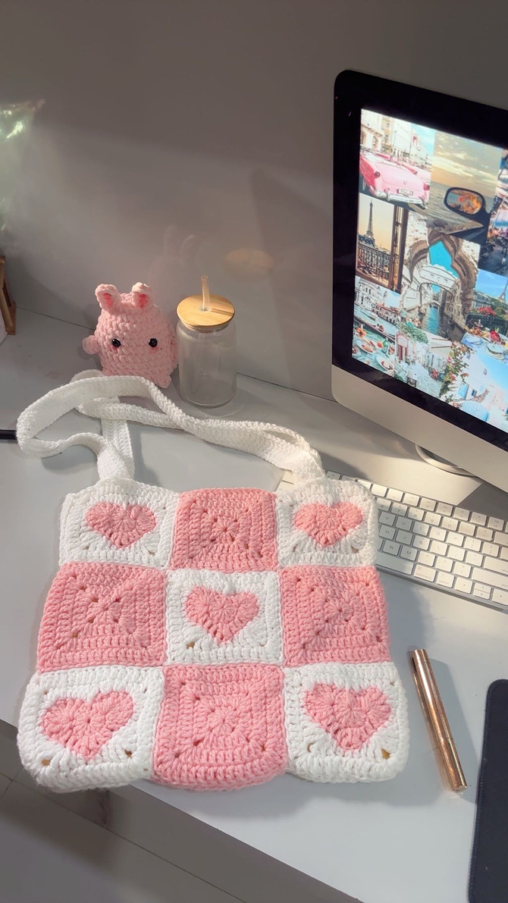 Crochet Granny Square Tote Bag: Heart Patchwork, Handmade Acrylic Yarn