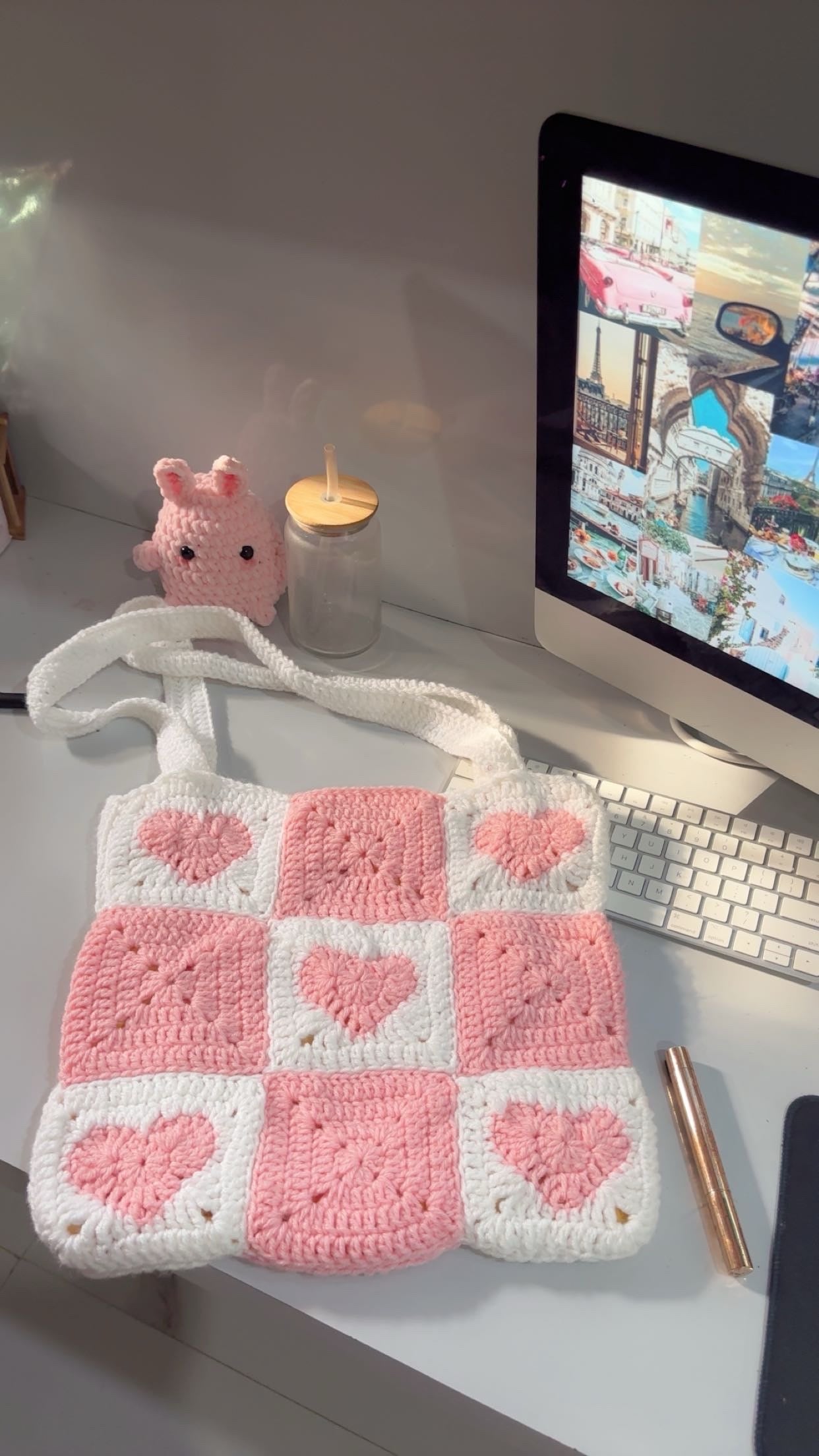 Crochet Granny Square Tote Bag: Heart Patchwork, Handmade Acrylic Yarn