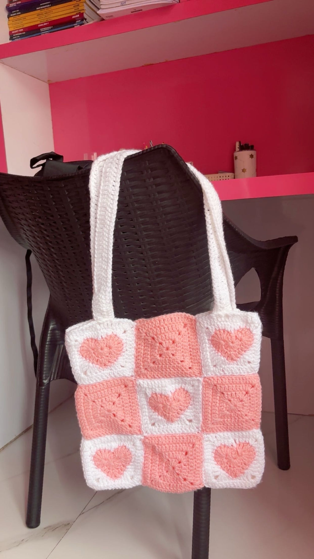 Crochet Granny Square Tote Bag: Heart Patchwork, Handmade Acrylic Yarn
