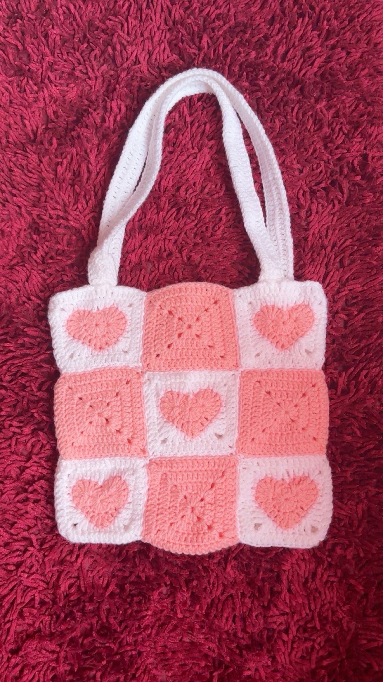 Crochet Granny Square Tote Bag: Heart Patchwork, Handmade Acrylic Yarn