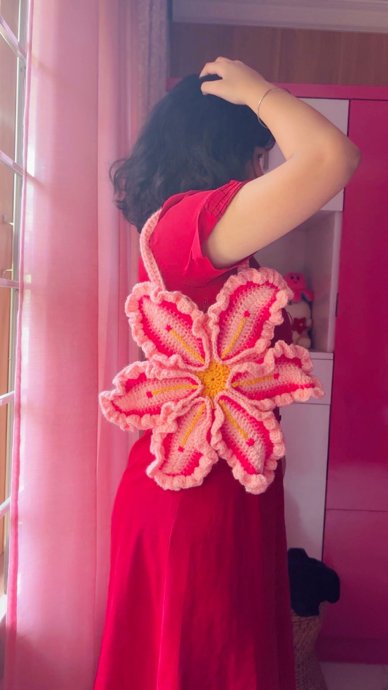 Pink Crochet Flower Tote– Handmade Pink Customisable Cotton Lining Lily Purse