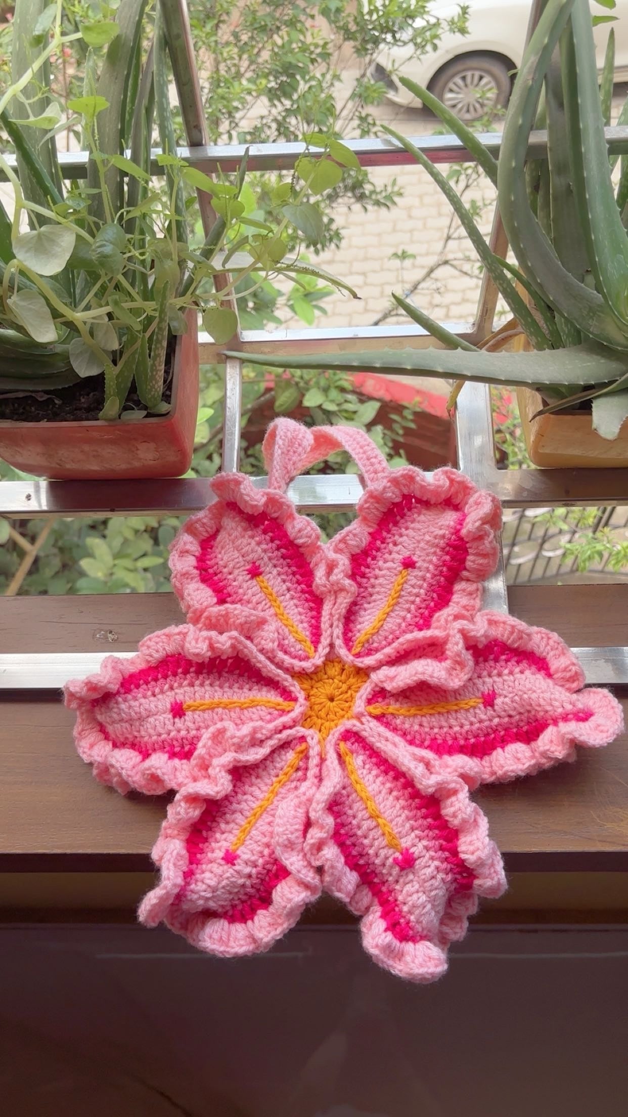 Pink Crochet Flower Tote– Handmade Pink Customisable Cotton Lining Lily Purse