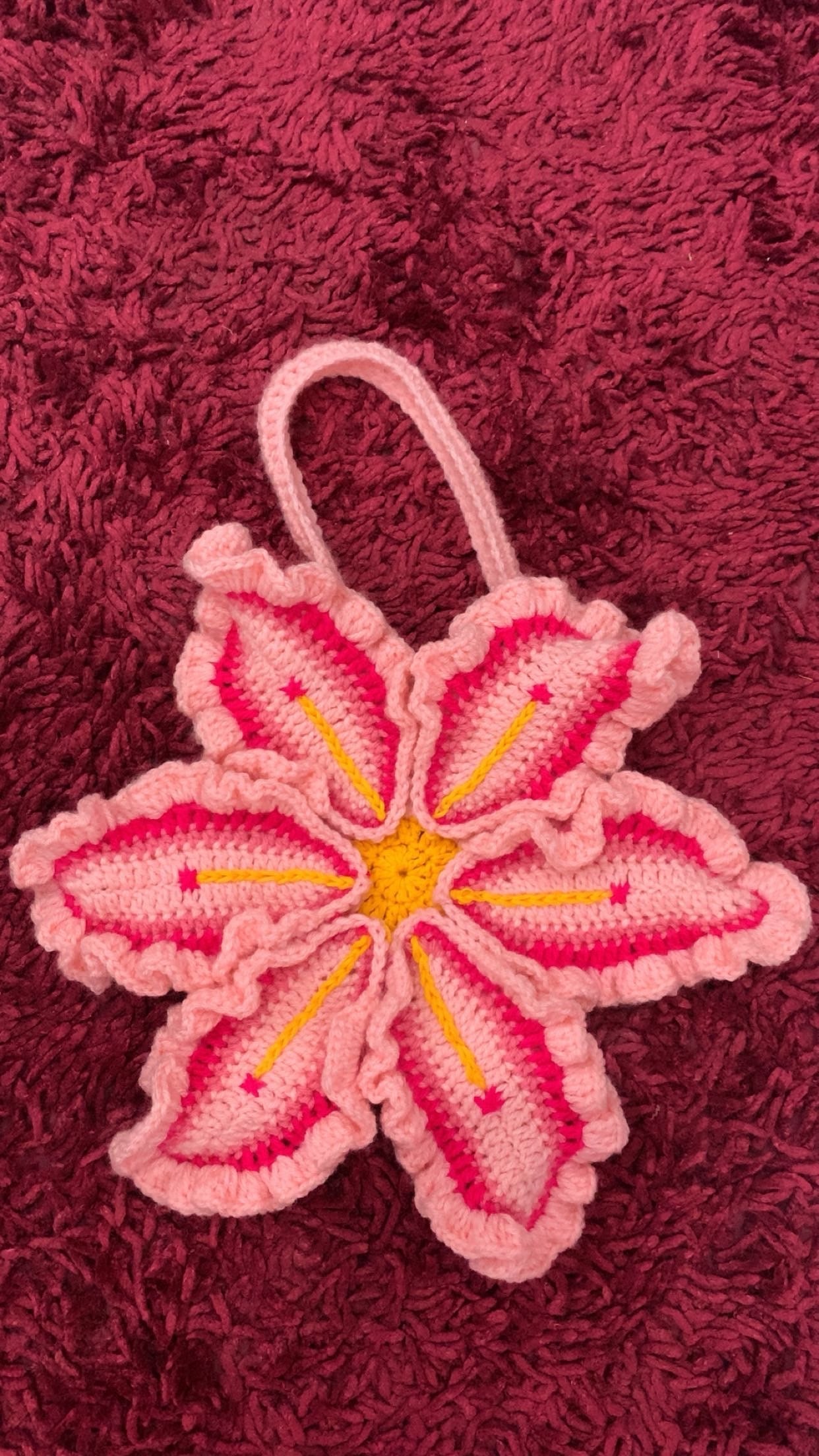 Pink Crochet Flower Tote– Handmade Pink Customisable Cotton Lining Lily Purse