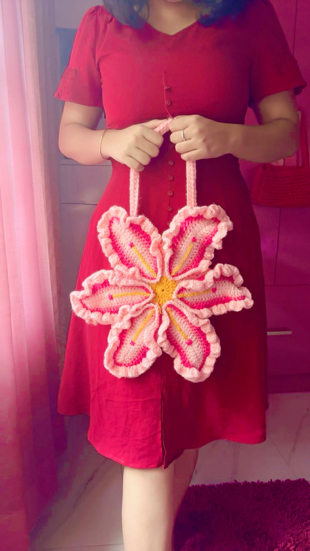 Pink Crochet Flower Tote– Handmade Pink Customisable Cotton Lining Lily Purse