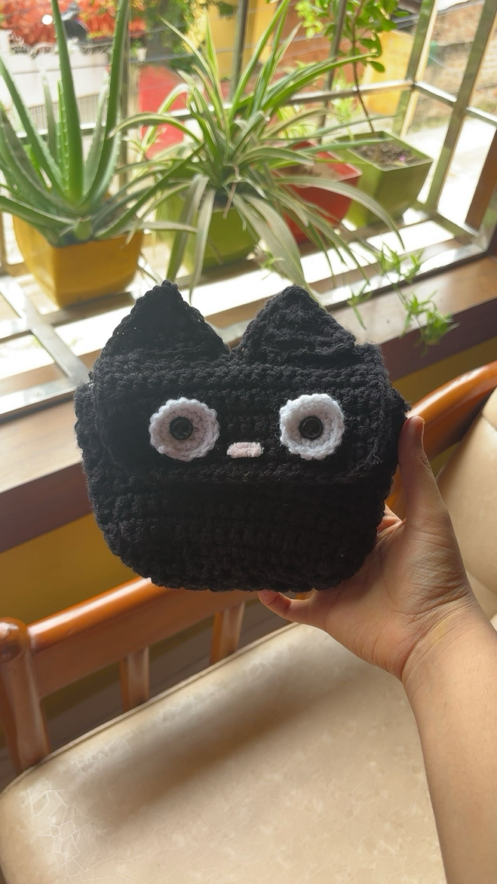 Crochet Black Cat Pouch: Handmade Coin Purse Zipper Bag