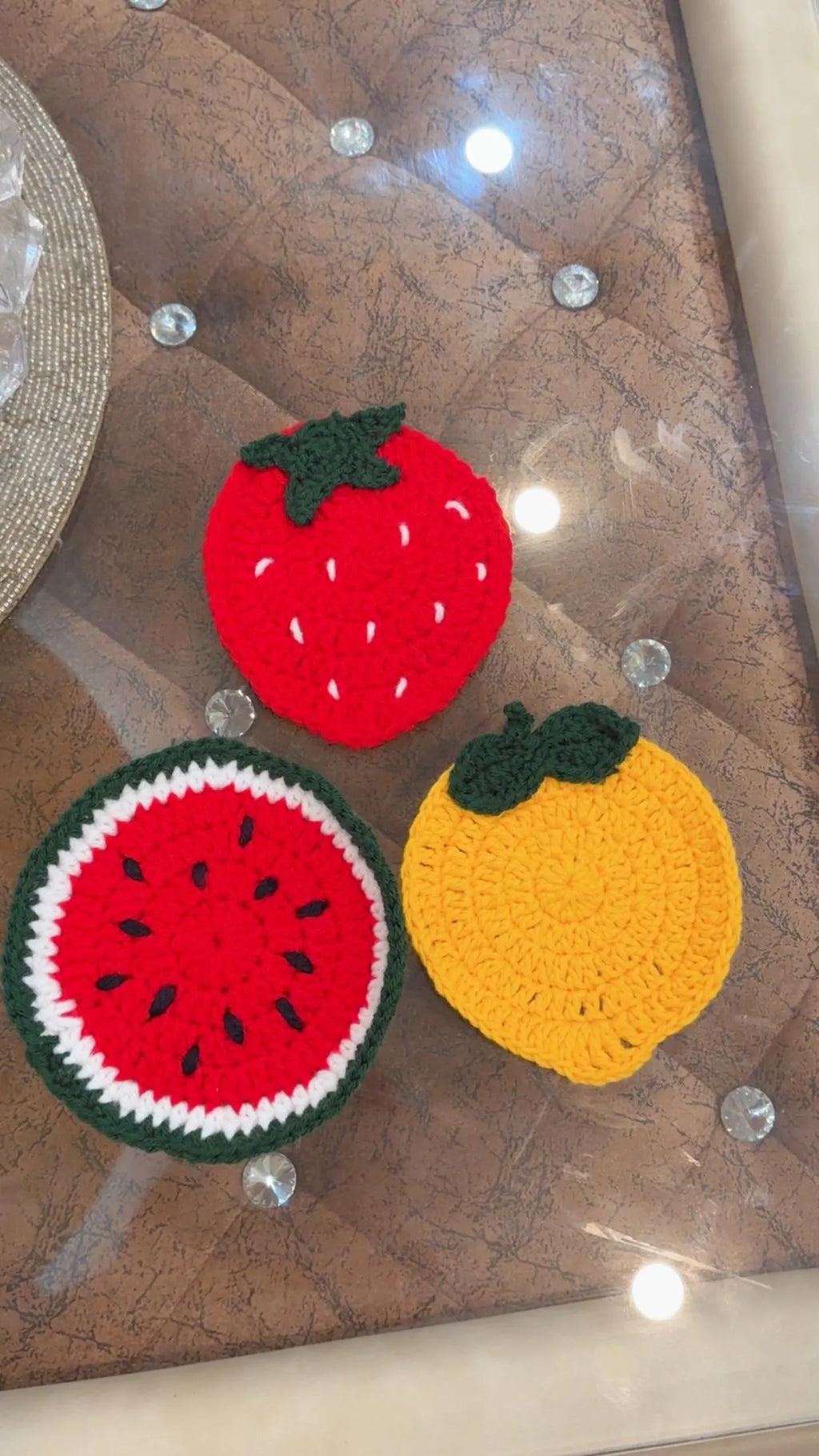 Handmade Crochet Fruit Coasters – Strawberry, Watermelon & Lemon Set