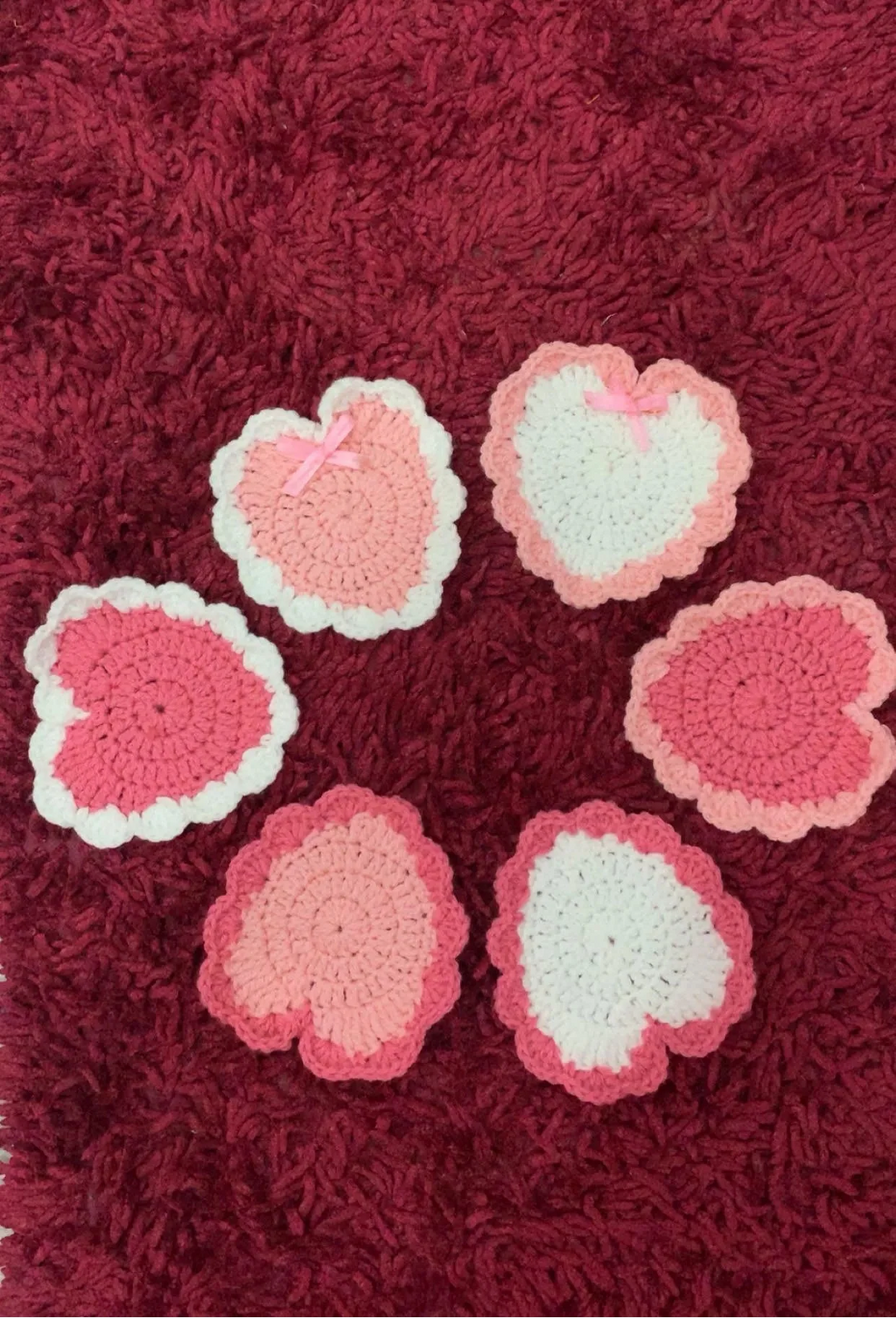 Crochet Heart Coasters: Pastel Pink & White, Coquette Style (Set of 6)