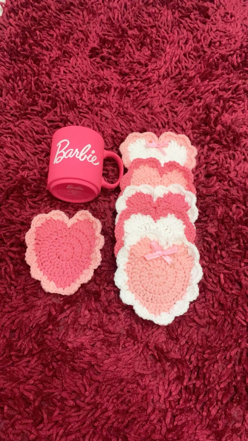 Crochet Heart Coasters: Pastel Pink & White, Coquette Style (Set of 6)