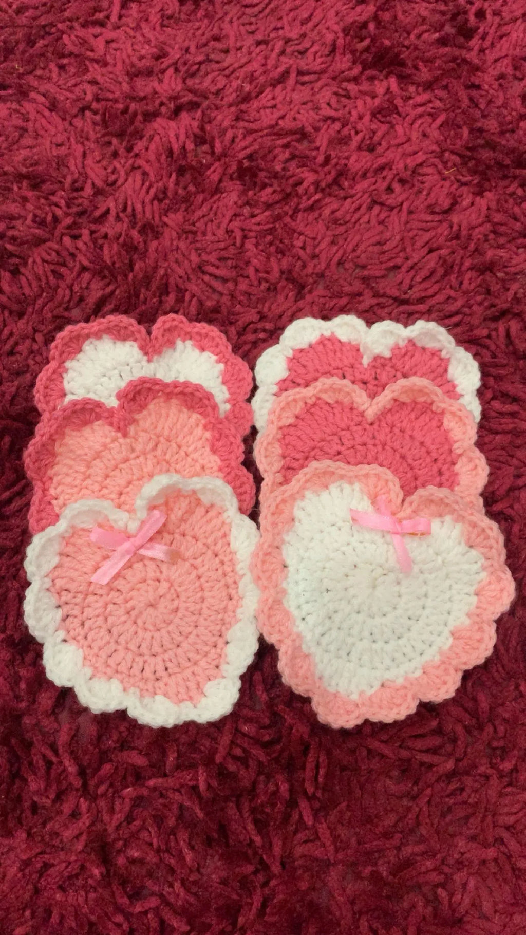 Crochet Heart Coasters: Pastel Pink & White, Coquette Style (Set of 6)